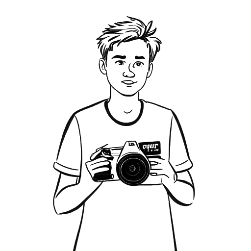 Desenho em arte linear de um jovem, representando Dillon The Hacker, segurando uma câmera de vídeo, com o texto 'um caos completo' e um logo do YouTube ao fundo.