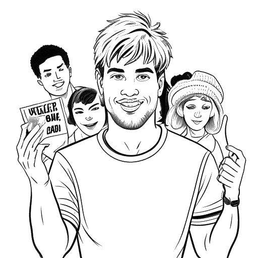 Disegno in bianco e nero di un giovane, raffigurante Dillon The Hacker, con un cartello 'Trump' in mano, con immagini di Miley Cyrus, Taylor Swift e PewDiePie sullo sfondo.