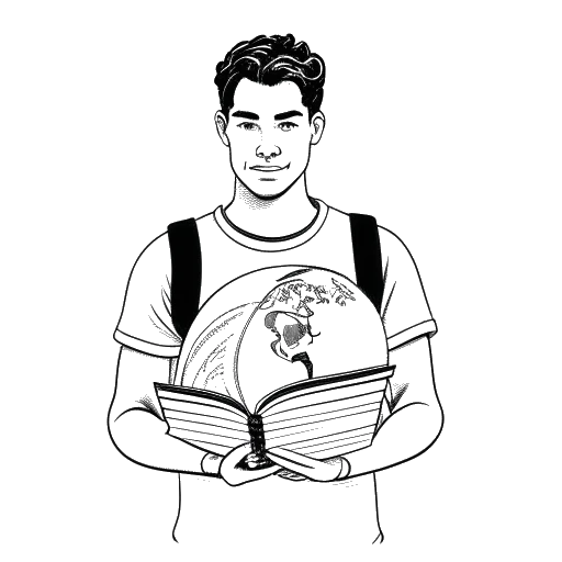 Line art drawing of a young man, representing Dillon The Hacker, holding five books, each labeled with a different language, with a globe in the background.