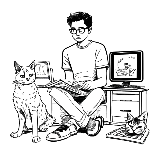 Line art drawing of a young man, representing Dillon The Hacker, with three cats and a TV showing a 'Breaking Bad' scene in the background.