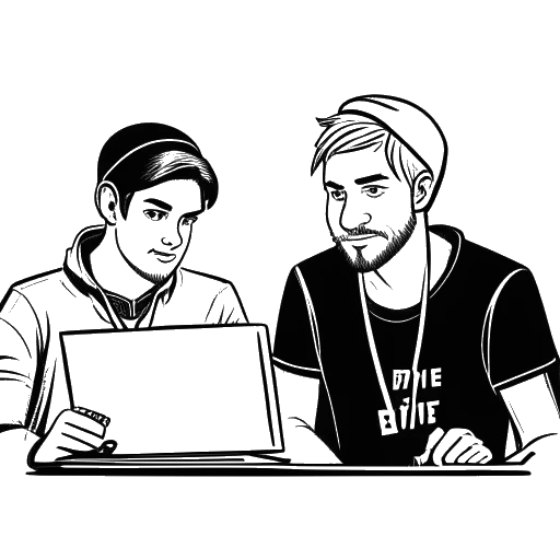 Dessin en contours de deux jeunes hommes, représentant Dillon The Hacker et PewDiePie, travaillant ensemble, avec un panneau 'piratage' en arrière-plan.