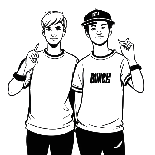 Desenho em arte linear de dois jovens, representando Dillon The Hacker e PewDiePie, de mãos dadas, com um sinal 'T-series' ao fundo.