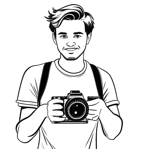 Line art drawing of a young man, representing Dillon The Hacker, holding a video camera, with an image of PewDiePie and the word 'troll' in the background.
