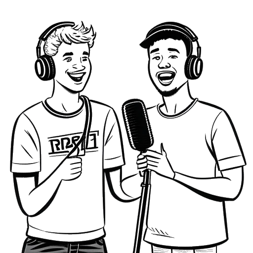 Dessin en contours de deux jeunes hommes, représentant Dillon The Hacker et Tyler, tenant des micros, avec le texte 'Room 737' et un panneau 'podcast' en arrière-plan.