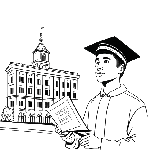 Line art drawing of a young man, representing Dillon The Hacker, wearing a graduation cap and holding a script, with a university building in the background.
