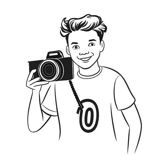 Line art drawing of a young man, representing Dillon The Hacker, holding a video camera, with a YouTube logo, the number '100,000', and a small image of a pierced nipple in the background.