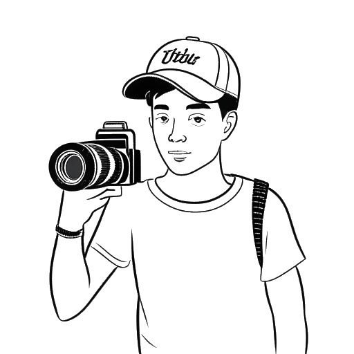 Lijntekening van een jonge man, die Dillon The Hacker vertegenwoordigt, met een videocamera, een YouTube-logo en de tekst 'Dillon The Hacker' op de achtergrond.