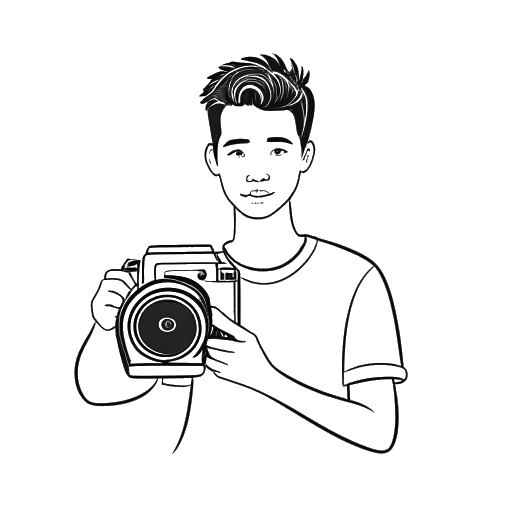 Line art drawing of a young man, representing Dillon The Hacker, holding a video camera, with a YouTube logo and a 'warning' sign in the background.