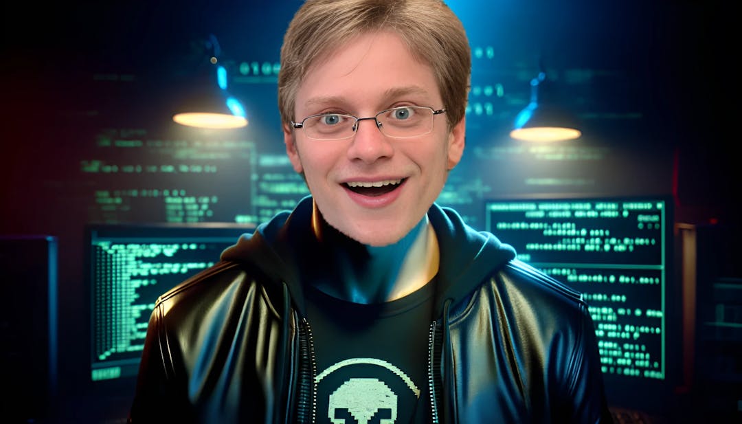 Dillon The Hacker, een man van in de twintig met een lichte huidskleur en een kaal hoofd, kijkt recht in de camera met een ondeugende glimlach. Hij draagt een zwart hacker t-shirt en een leren jas, omringd door een donkere kamer gevuld met neonverlichting en een computerscherm dat regels code weergeeft. De sfeer is mysterieus en intens.