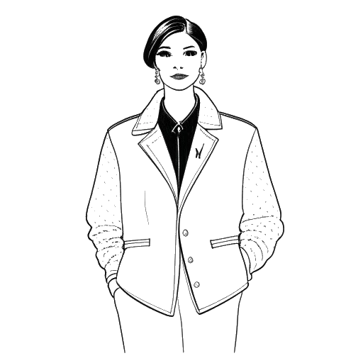 Desenho de linha de uma jaqueta clássica da Chanel, um tributo ao legado duradouro do design de Karl Lagerfeld, em um fundo branco.
