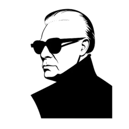 Silhueta em arte linear de Karl Lagerfeld, com uma gola alta e óculos escuros, representa suas diversas colaborações artísticas em um fundo branco.