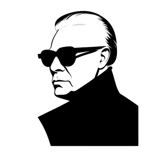 Silhueta em arte linear de Karl Lagerfeld, com uma gola alta e óculos escuros, representa suas diversas colaborações artísticas em um fundo branco.
