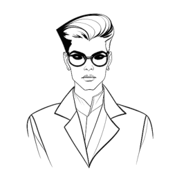Desenho de linha de um jovem representando o jovem Karl Lagerfeld na moda vanguardista sobre um fundo branco.