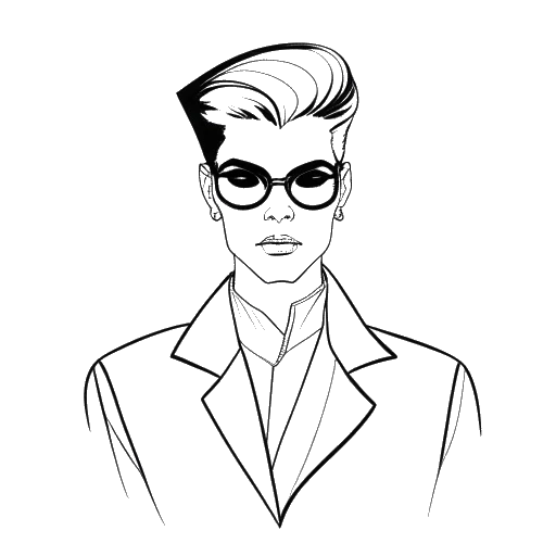 Dibujo lineal de un joven que representa al joven Karl Lagerfeld con moda vanguardista contra un fondo blanco.