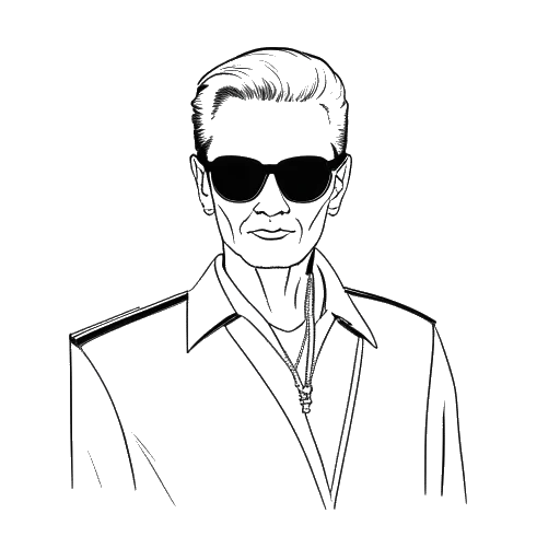 Desenho de arte linear de um estilista, representando Karl Lagerfeld, conhecido por sua camisa de colarinho alto e óculos de sol, capturado em um momento de expressão criativa. O fundo é branco liso, enfatizando a simplicidade da obra de arte e foco no assunto.