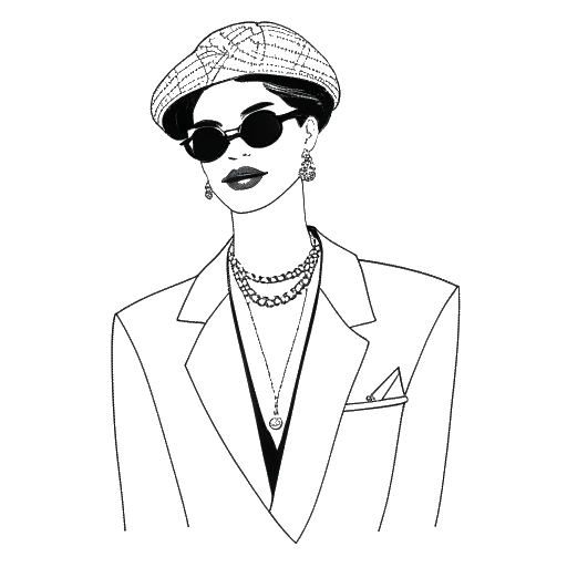 Lijntekening van een man die Karl Lagerfeld vertegenwoordigt, die het Chanel modemerk moderniseert.