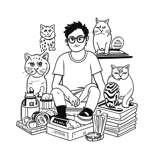 Line art drawing of a man representing Karl Lagerfeld, with his famous cat Choupette and her merchandise.
