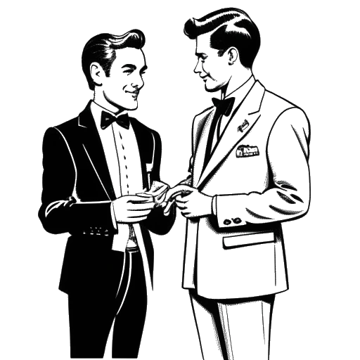 Line art drawing of a young man representing Karl Lagerfeld, receiving a design award, with Pierre Balmain in the background.