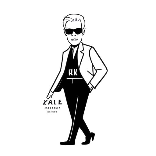 Line art drawing of a man representing Karl Lagerfeld, launching his own fashion brand.