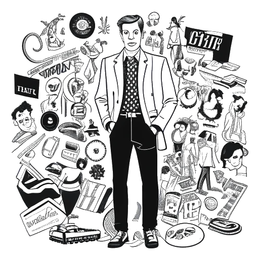 Strichzeichnung eines Mannes, der Karl Lagerfeld repräsentiert, umgeben von Logos der Modemarken, für die er gearbeitet hat.