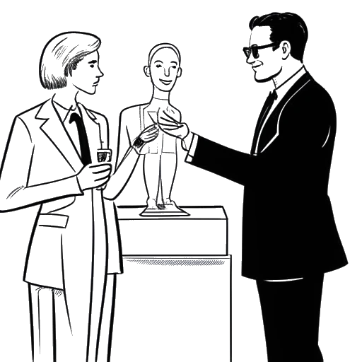 Line art drawing of a man representing Karl Lagerfeld, receiving the Couture Council Fashion Visionary Award.