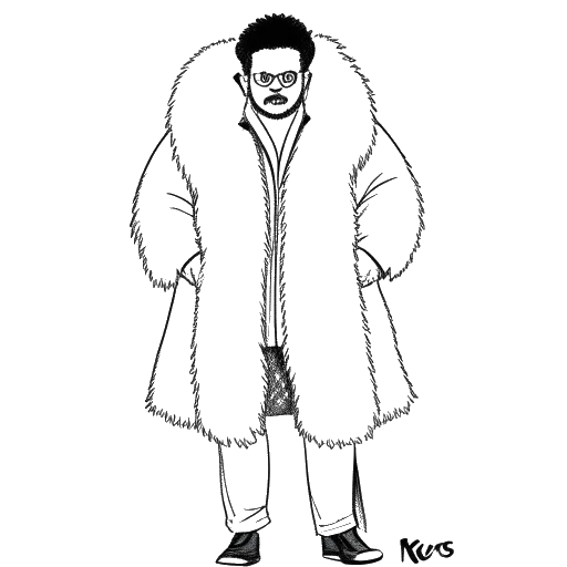 Strichzeichnung eines Mannes, der Karl Lagerfeld repräsentiert, der die Verwendung von Pelz in der Mode unterstützt und die #MeToo-Bewegung abweist.