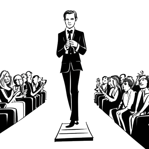 Line art drawing of a man representing Karl Lagerfeld, receiving the Outstanding Achievement Award at the British Fashion Awards.