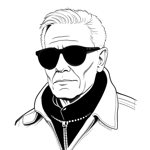 Desenho em arte linear de um homem representando Karl Lagerfeld, vestindo seu cabelo branco característico, óculos escuros pretos, luvas sem dedos e colarinho alto e engomado.