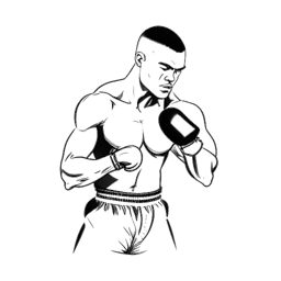 Lijnkunsttekening van een man, die N3on vertegenwoordigt, in een bokspositie, waarbij de rivaliteiten en uitdagingen worden geïllustreerd die hij op zijn pad vond, allemaal tegen een witte achtergrond.