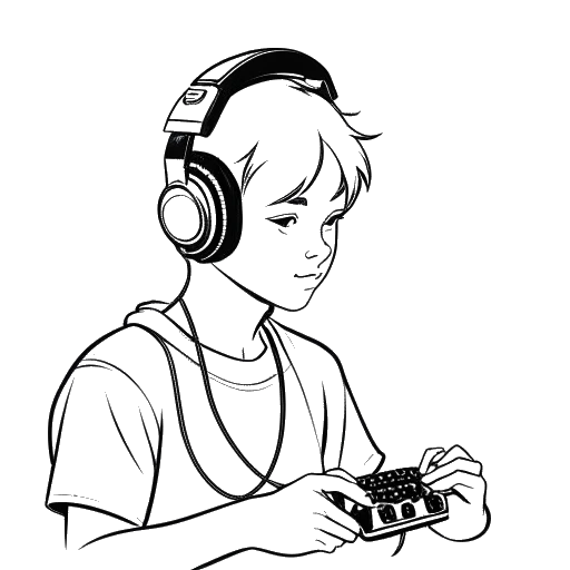 Strichzeichnung eines Jungen, der Rangesh Mutama alias N3on darstellt, mit Headset, konzentriert auf intensives Gameplay. Die Darstellung erfasst den frühen Erfolg von N3on beim Gaming vor einem weißen Hintergrund.