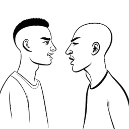 Line art drawing of a young man, representing N3on, with a buzzcut hairstyle engaged in a heated argument, reflecting his controversial confrontations.