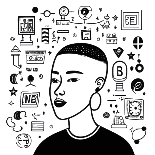 Line art drawing of a young man representing N3on with a buzzcut, surrounded by social media symbols and floating dollar signs, depicting his online income sources.
