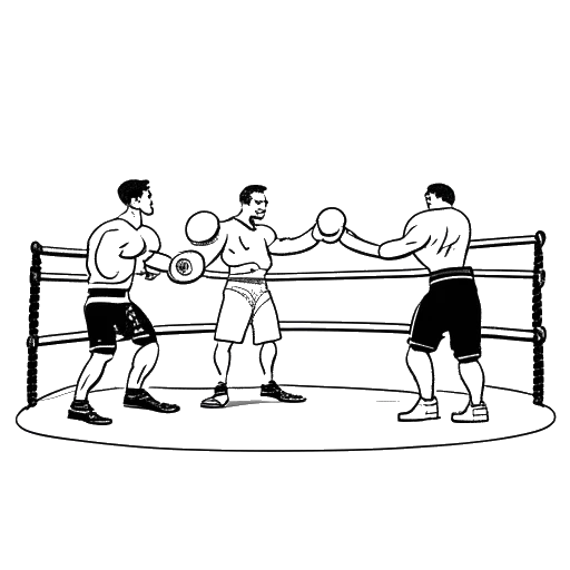 Disegno in bianco e nero di un ring da boxe rappresentante la sconfitta di N3on contro Aiden Ross per TKO.