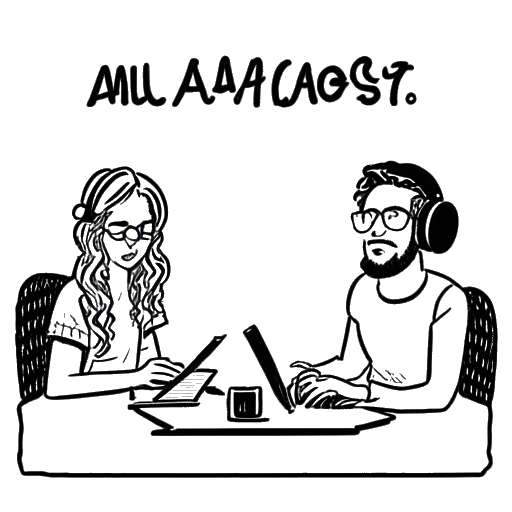 Line art drawing of two people live streaming, representing N3on's career breakthrough during a live stream hosted by Aiden Ross.