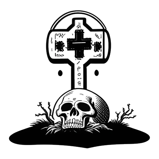 Line art drawing of a brain with a red cross and a tombstone representing N3on's infamous fake brain tumor and death claim.
