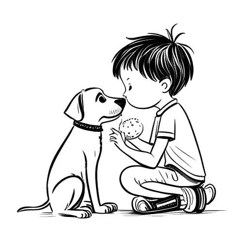 Line art drawing of a young boy kissing a dog representing N3on's childhood memory with peanut butter.