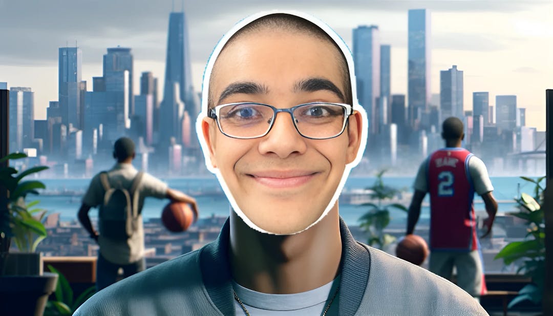 N3on (Rangesh Mutama), mit einem rasierten Haarschnitt, das Gesicht zur Kamera gewandt vor einer Kulisse der Skyline von Chicago, vermischt mit Gaming-Bezügen.