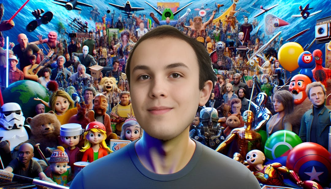 James Phyrillas, an image of a fair-skinned man with a bald head in a setting filled with YouTube-related props like SpongeBob SquarePants items, Disney, Star Wars, and Marvel memorabilia, captured in a casual attire with vibrant colors and high-resolution details.