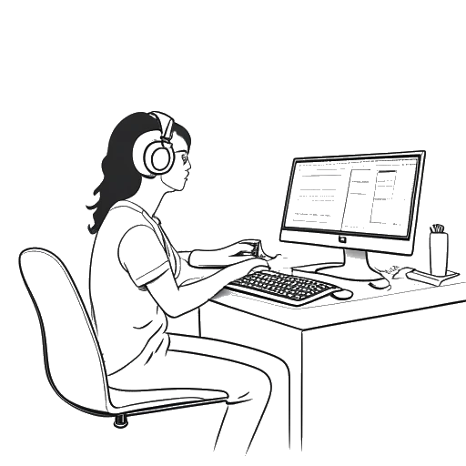 Strichzeichnung einer Frau, die Antonia Staab darstellt, die an einem Schreibtisch vor einem Computer sitzt, Kopfhörer trägt und mit kreativer Software Videos bearbeitet.