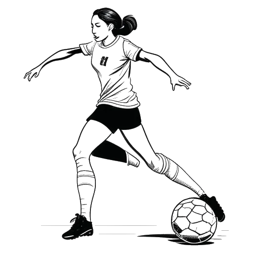 Strichzeichnung einer Frau, die Antonia Staab darstellt, ein Fußballtrikot trägt, mit einem entschlossenen Ausdruck ist und einen Ball auf ein Grasfeld zu einem Tor schießt.