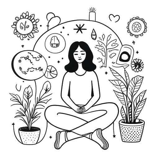 Strichzeichnung einer Frau, die Antonia Staab darstellt, die in einer Therapiesitzung sitzt, umgeben von unterstützenden Symbolen, die für psychische Gesundheit und Wachstum stehen.