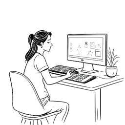 Strichzeichnung einer Frau, die Antonia Staab darstellt, die vor einem Computer sitzt, mit einem Chat-Fenster voller unterstützender Kommentare und Emotes.