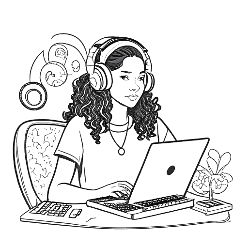 Strichzeichnung einer Frau, die RevedTV repräsentiert, mit gewellten Haaren, die Kopfhörer trägt und hinter einem Computer sitzt, während sie live streamt. Dollarzeichen und Kryptowährungssymbole schweben um sie herum, alles gegen einen weißen Hintergrund.