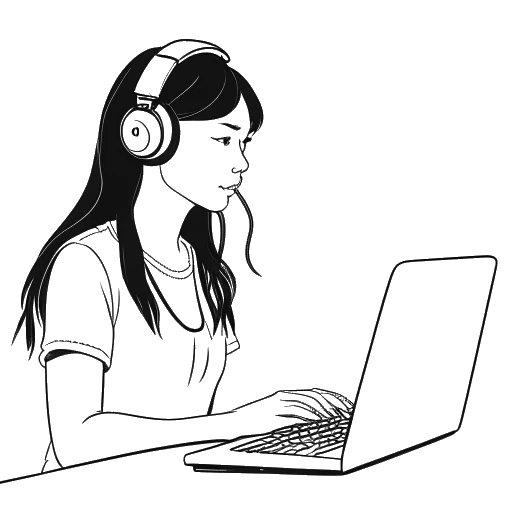 Strichzeichnung einer Frau, die RevedTV (Antonia Staab) darstellt, mit langen Haaren und einem Headset, die sich auf einen Computerbildschirm konzentriert, alles vor einem weißen Hintergrund