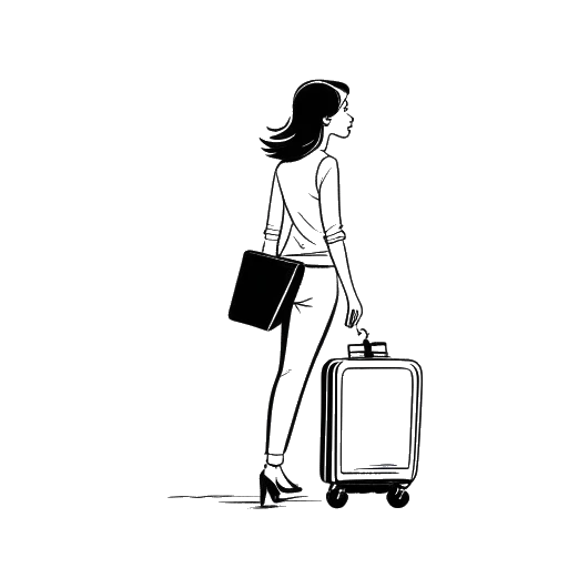 Strichzeichnung einer Frau, die RevedTV darstellt, die einen Koffer hält, mit einem Flugzeug, das über ihr fliegt, alles vor einem weißen Hintergrund