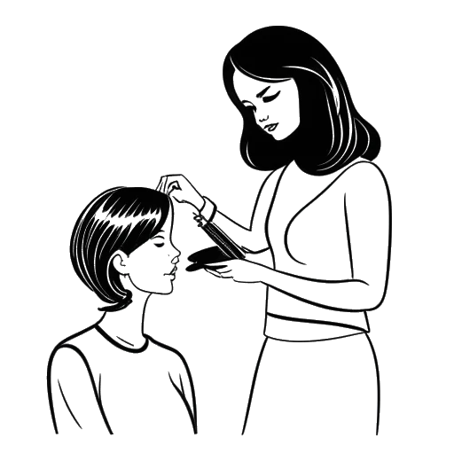 Strichzeichnung einer Frau, die Haare schneidet und RevedTVs Mutter darstellt, zusammen mit einer jüngeren Frau, die RevedTV darstellt, alles vor einem weißen Hintergrund