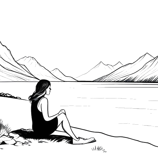 Strichzeichnung einer Frau, die RevedTV darstellt, die an einem Strand sitzt, mit einer schönen Berglandschaft im Hintergrund, alles vor einem weißen Hintergrund
