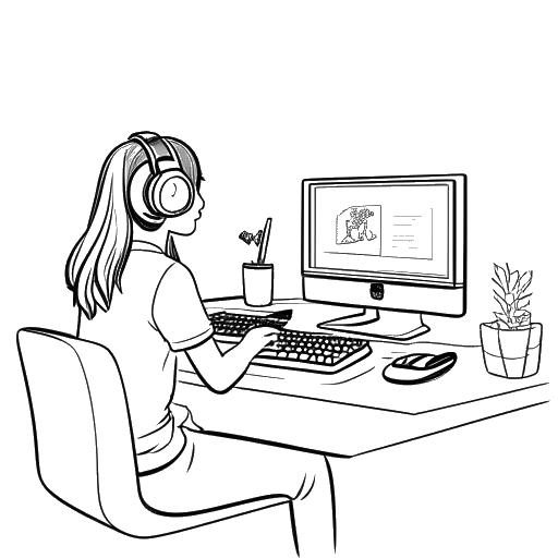 Strichzeichnung einer Frau, die RevedTV darstellt, beim Aufnehmen eines Videos, mit einem Minecraft-Spiel im Hintergrund auf einem Computerbildschirm, alles vor einem weißen Hintergrund