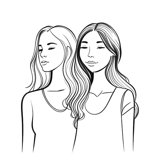 Strichzeichnung von zwei Frauen, die RevedTV und ihre Schwester Eva darstellen, die zusammenstehen, alles vor einem weißen Hintergrund