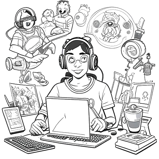 Lijn kunsttekening van een man die Plaqueboymax vertegenwoordigt, verschillende digitale persona's en kanaalactiviteiten belichaamt, waaronder een onderscheidende gaming alter ego en activiteiten buiten de streams.